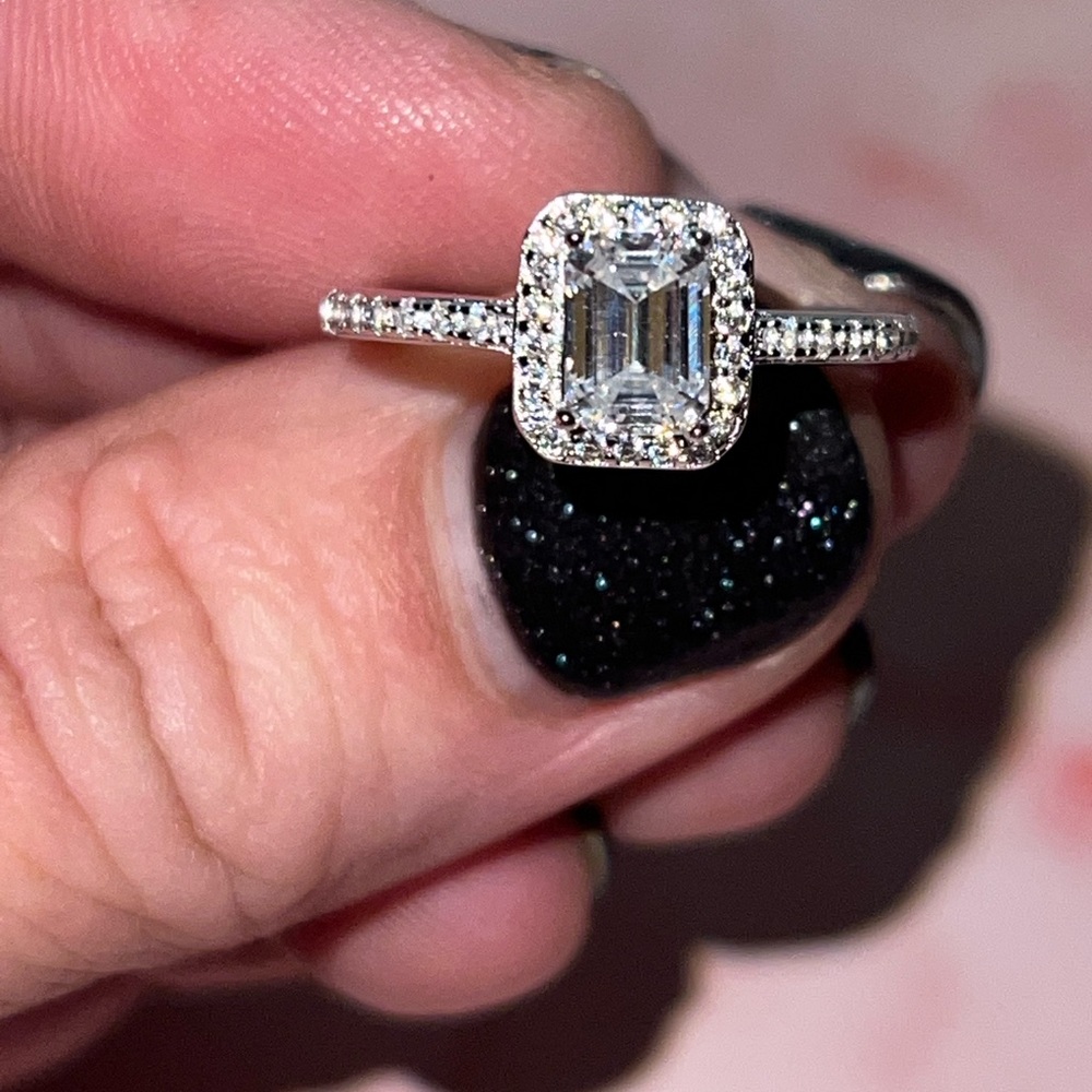 Sterling Silver Emerald-Cut Halo Engagement Ring - White